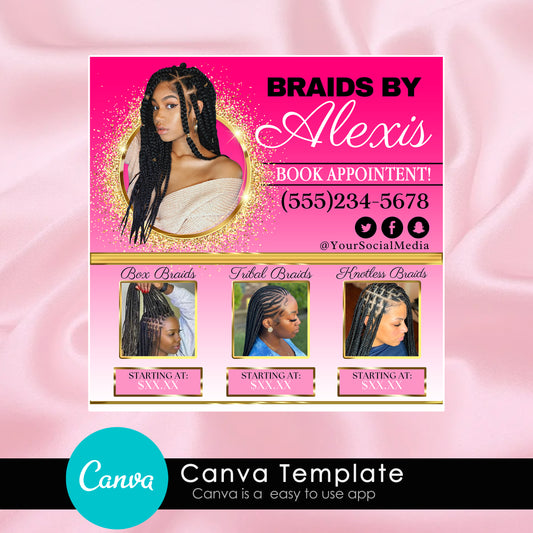 Salon Flyer Canva Template - Book Appointments for Braids, Social Media Instagram Template