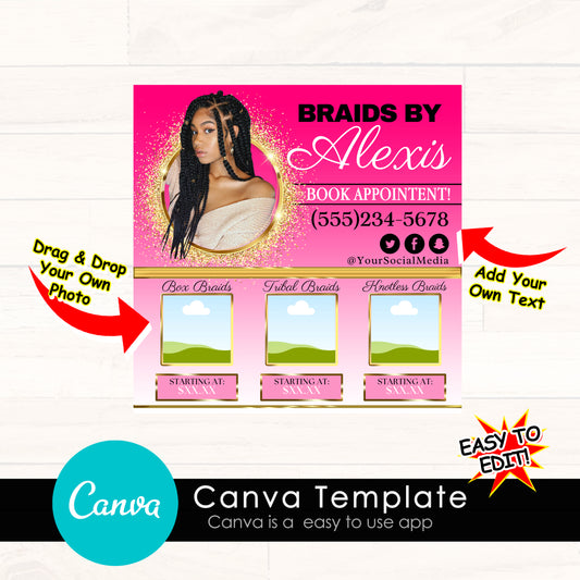Salon Flyer Canva Template - Book Appointments for Braids, Social Media Instagram Template