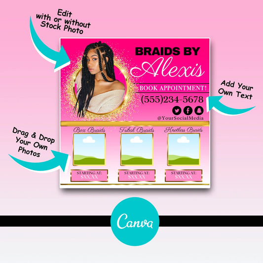 Salon Flyer Canva Template - Book Appointments for Braids, Social Media Instagram Template