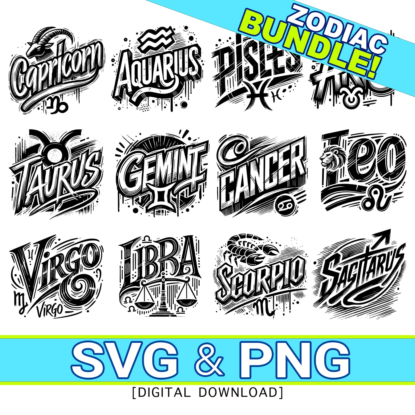 Zodiac Birthday SVG & PNG Bundle