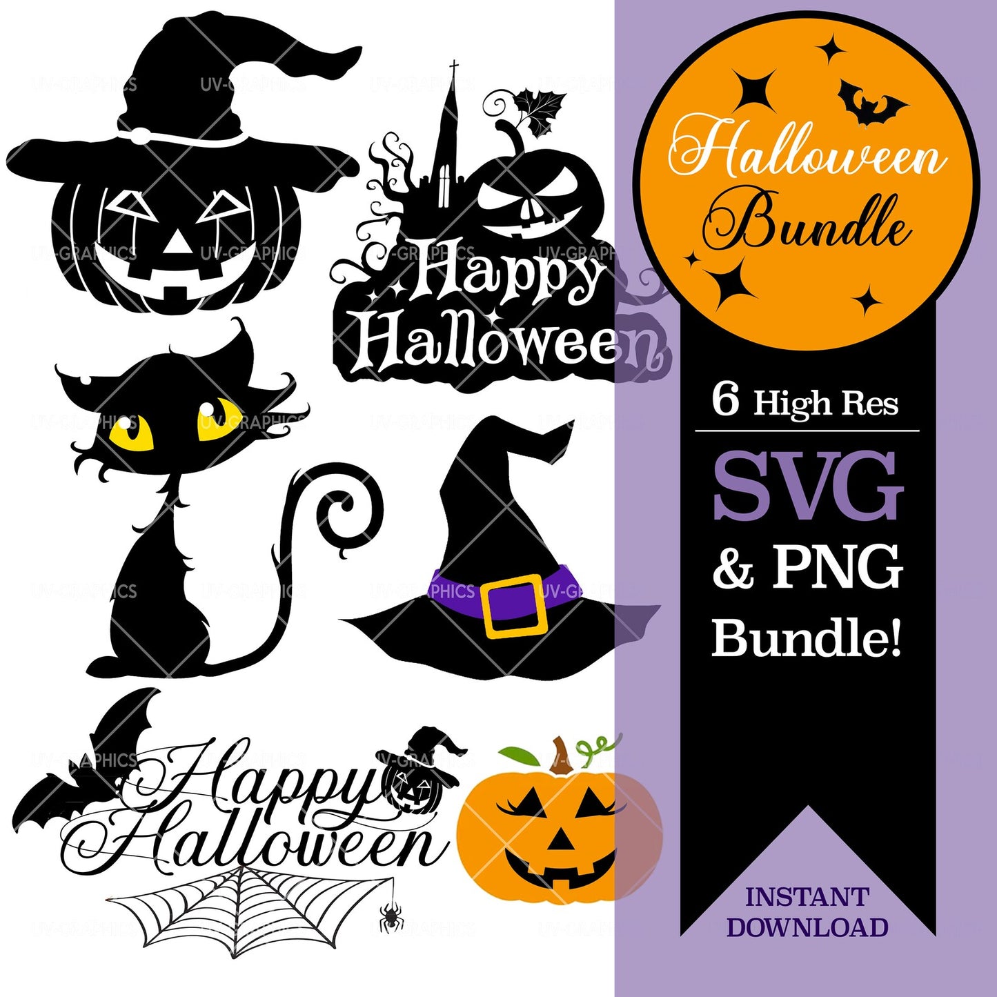 Halloween SVG Bundle for Cricut - Pumpkin, Cat, Witch Hat Designs