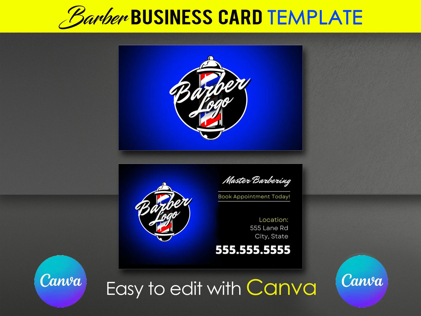 Barber Shop Logo and Business Card Template (edit with Canva)