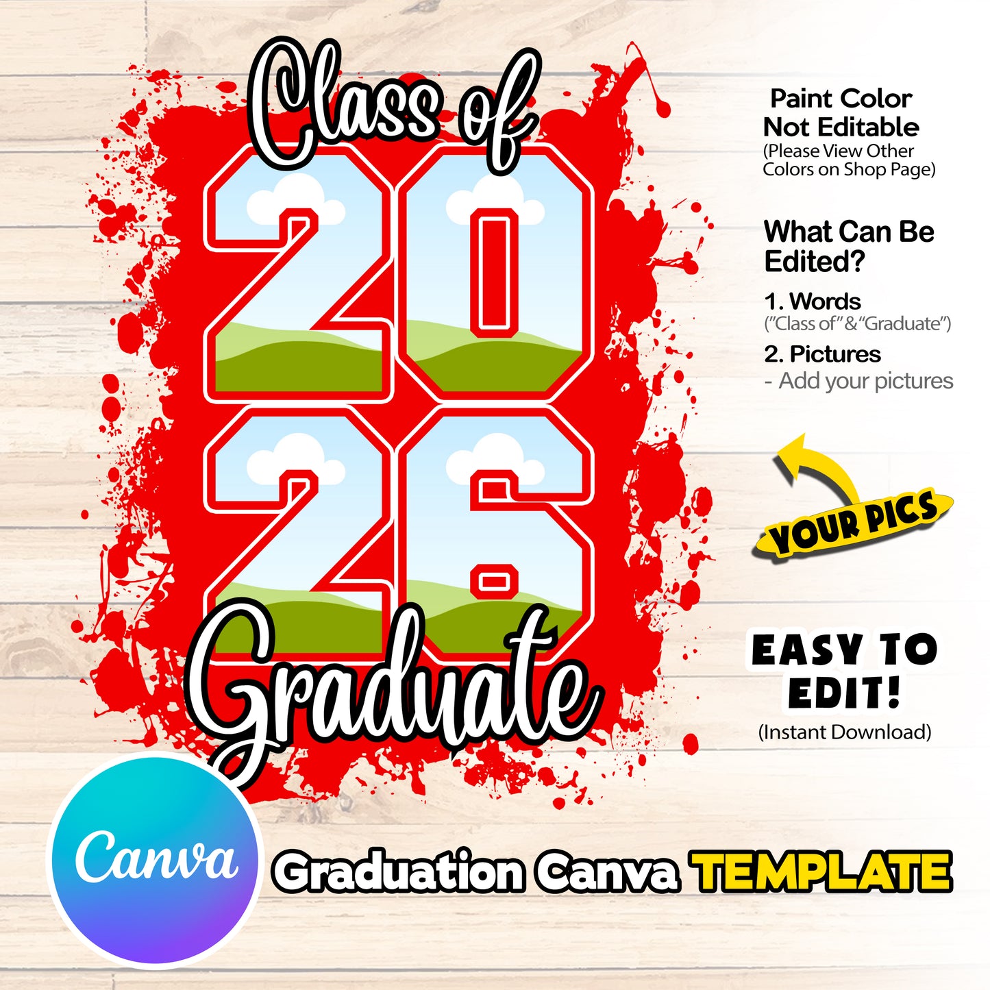 Graduation Senior Canva Template - Class of 26 EDITABLE DIY [RED]