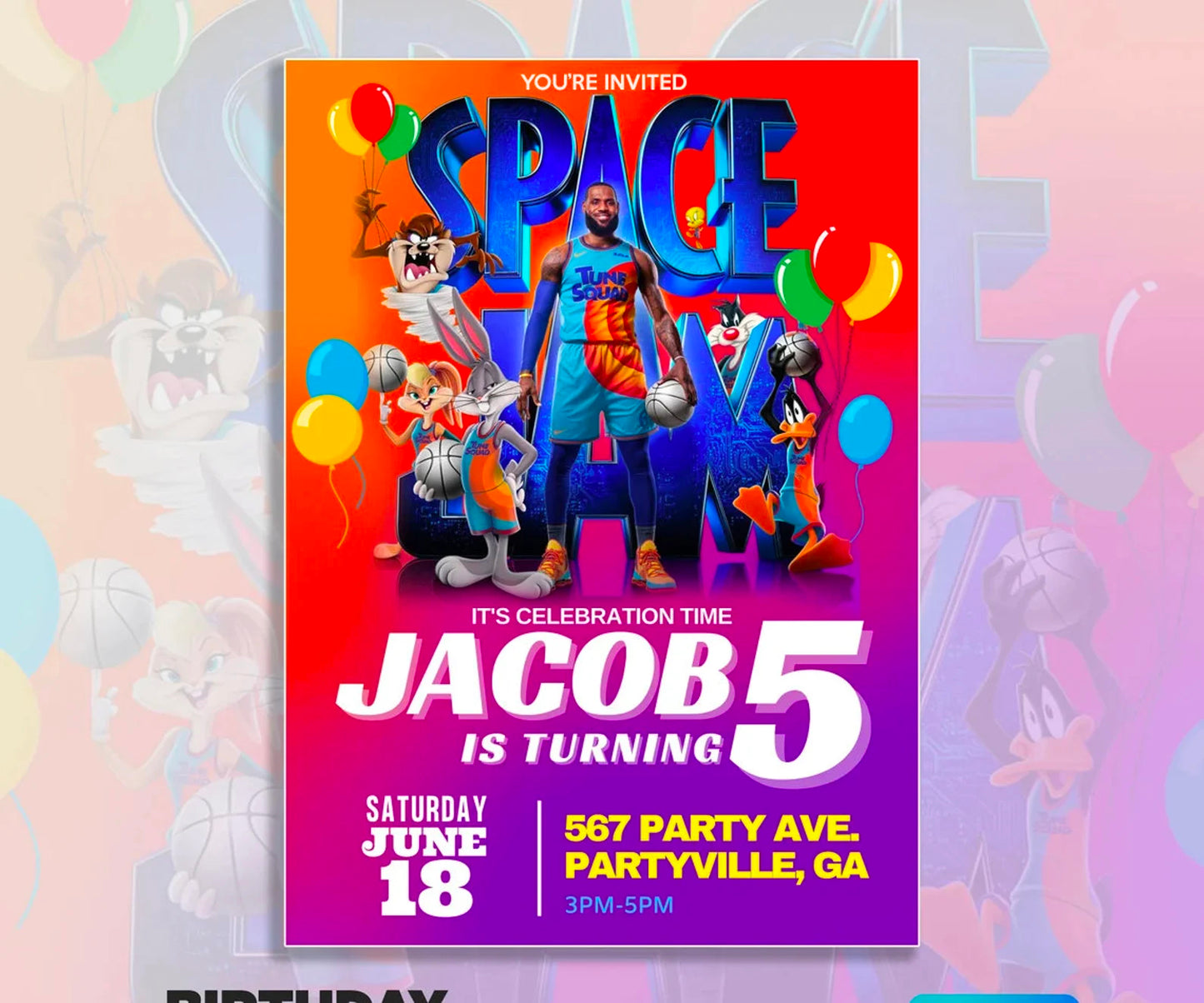 Space Jam Birthday Invitation Template - Editable DIY Canva Design