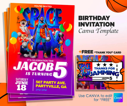 Space Jam Birthday Invitation Template - Editable DIY Canva Design