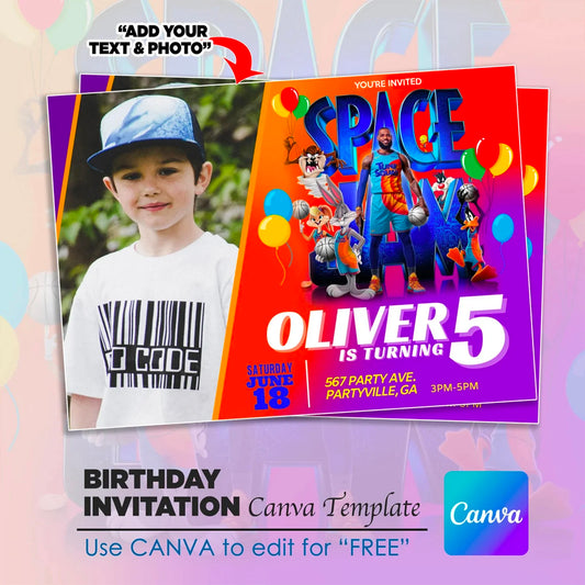 Space Jam Birthday Invitation Template - DIY Editable Canva Design